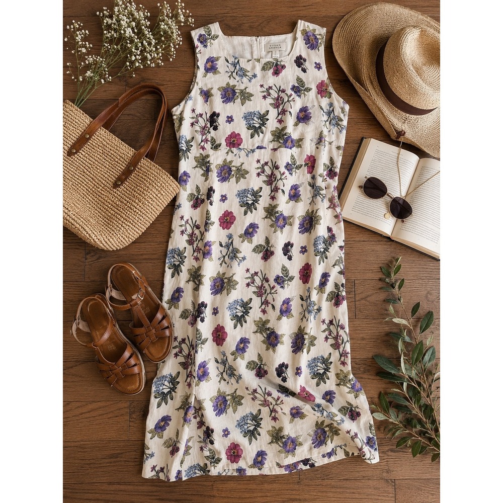 Sarah Chapman 90'sWomens 14 Floral Linen Maxi Dress Sleeveless Purple Blue Cream